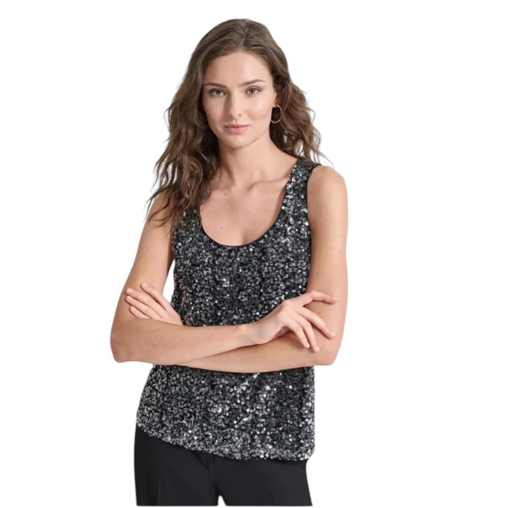 DKNY Size X-Large Women's Black Sequined Scoop Neck Sleeveless Tank Top